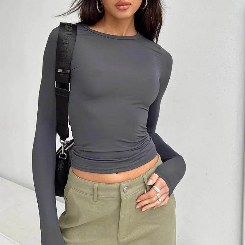 Women Casual Long Sleeve T-Shirts Spring Autumn Solid Slim Fit Pullovers Tees Shirts Female Streetwear Base Tees Tops Casual - Meli Meli CDMX