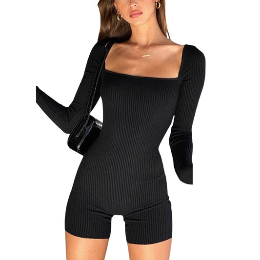 New Women Solid Color Long Sleeve Summer Bodycon Playsuit Square Collar Ribbed Letter Embroidery Short Romper Sexy - Meli Meli CDMX