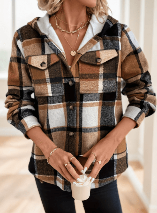 Women's Plaid Hooded Jacket - Casual Long Sleeve Shacket With Button Front - Meli Meli CDMX