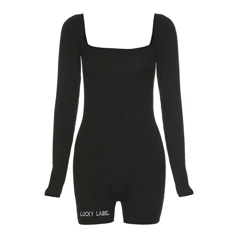 New Women Solid Color Long Sleeve Summer Bodycon Playsuit Square Collar Ribbed Letter Embroidery Short Romper Sexy - Meli Meli CDMX
