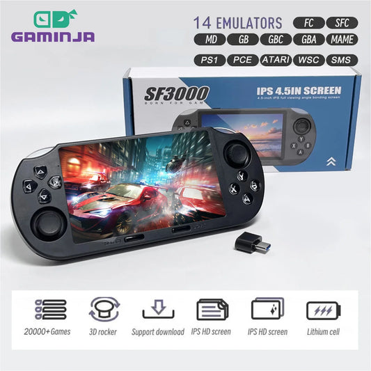 GAMINJA SF3000 4.5 Inch IPS Screen Portable Handheld Game Player Retro Video Game Console Built-in 20000+ Games For PS1/GBA/SFC