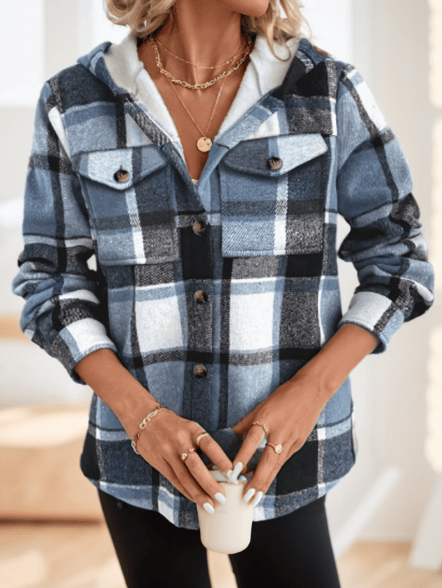 Women's Plaid Hooded Jacket - Casual Long Sleeve Shacket With Button Front - Meli Meli CDMX