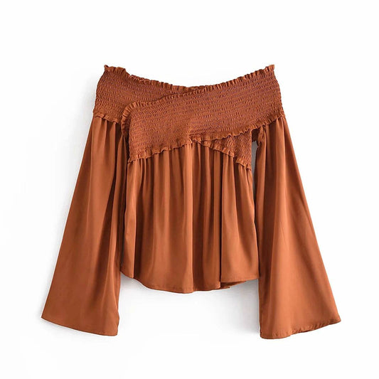 Sexy Wrought Face One-Shoulder Shirt New Loose Elastic Pleated Top - Meli Meli CDMX