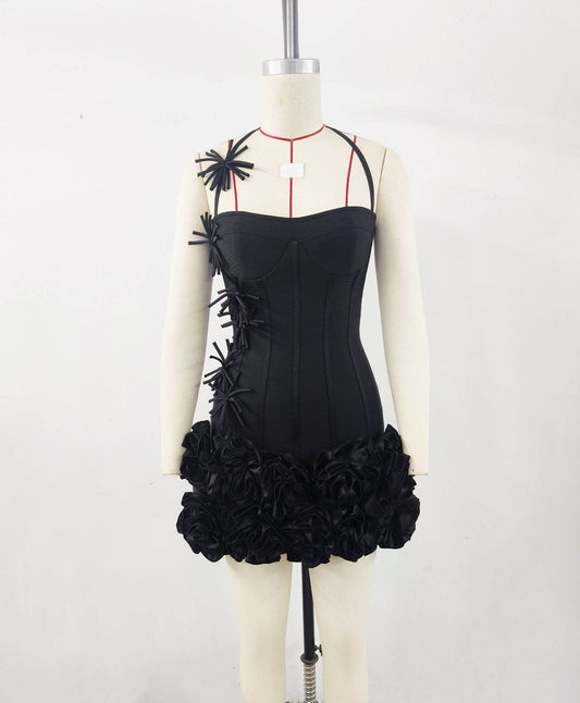 European And American Ins Women's Three-dimensional Flower Black Bandage Dress - Meli Meli CDMX